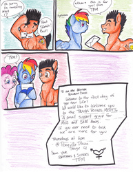 Size: 2552x3304 | Tagged: safe, artist:tristanjsolarez, pinkie pie, rainbow dash, oc, earth pony, pegasus, pony, comic:trans ponies, g4, comic, facial hair, female, male, mare, rainbow blitz, rule 63, simple background, stallion, traditional art, transgender