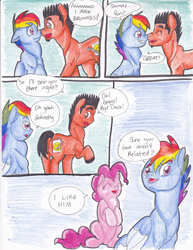 Size: 2552x3300 | Tagged: safe, artist:tristanjsolarez, pinkie pie, rainbow dash, oc, earth pony, pegasus, pony, comic:trans ponies, g4, blue background, boop, butt, comic, female, male, mare, nose wrinkle, noseboop, nudity, plot, rainbow blitz, rule 63, sheath, simple background, stallion, traditional art, transgender