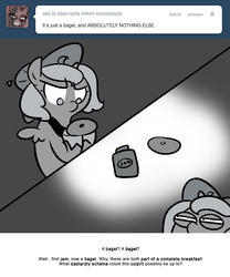 Size: 666x800 | Tagged: safe, artist:egophiliac, princess luna, moonstuck, g4, absolutely nothing else, bagel, bread, cartographer's deerstalker, female, filly, food, grayscale, jam, monochrome, solo, woona, younger