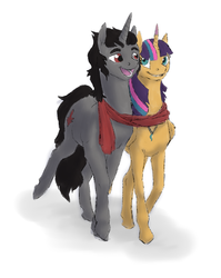 Size: 1525x1915 | Tagged: safe, artist:breadworth, oc, oc only, oc:aria, oc:baelfire, alicorn, pony, unicorn, alicorn oc, clothes, offspring, parent:flash sentry, parent:king sombra, parent:oc:silver rain, parent:twilight sparkle, parents:canon x oc, parents:flashlight, scarf, shared clothing, shared scarf