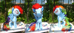 Size: 5184x2304 | Tagged: safe, artist:raynaldo, rainbow dash, pegasus, pony, g4, irl, multiple views, outdoors, photo, plushie, solo, yarn