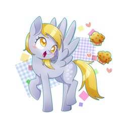 Size: 750x750 | Tagged: safe, artist:藍宵, derpy hooves, pegasus, pony, g4, blushing, colored pupils, cute, female, food, happy, heart, mare, muffin, open mouth, raised hoof, raised leg, simple background, smiling, solo, spread wings, walking, white background