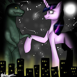 Size: 894x894 | Tagged: safe, artist:luna1159, twilight sparkle, kaiju, pony, g4, city, crossover, giant pony, godzilla, godzilla (series), macro, mega twilight sparkle