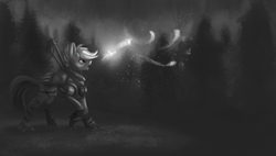 Size: 1280x727 | Tagged: safe, artist:vell221, scootaloo, firefly (insect), pegasus, pony, fanfic:night mares, g4, armor, female, forest, hooves, monochrome, moon, night, open mouth, solo, tree, wings