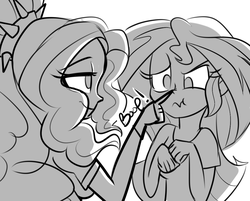 Size: 1024x824 | Tagged: dead source, safe, artist:wubcakeva, adagio dazzle, sunset shimmer, equestria girls, g4, boop, grayscale, monochrome, scrunchy face