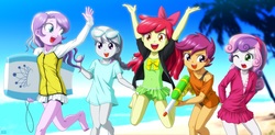 Size: 2031x1000 | Tagged: safe, artist:uotapo, edit, apple bloom, diamond tiara, scootaloo, silver spoon, sweetie belle, human, equestria girls, g4, adorabloom, artist edit, barefoot, beach, bow, clothes, colored pupils, cute, cutealoo, cutie mark crusaders, diasweetes, feet, female, glasses, hair bow, one eye closed, one-piece swimsuit, open mouth, sand, silverbetes, sky, surfboard, swimsuit, tree, water, watergun