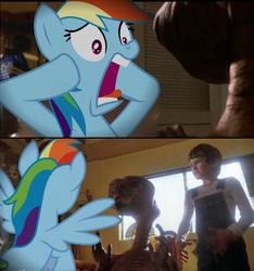 Size: 851x910 | Tagged: safe, edit, edited screencap, screencap, rainbow dash, alien, human, g4, crossover, e.t., e.t. the extra-terrestrial, elliot, freaking out, movie, screaming, wat
