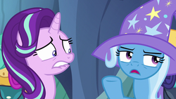 Size: 1280x720 | Tagged: safe, screencap, starlight glimmer, trixie, pony, unicorn, g4, to where and back again, trixie's hat