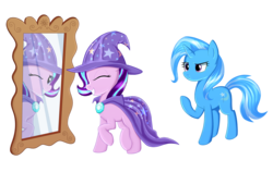 Size: 4488x2833 | Tagged: safe, artist:kas92, starlight glimmer, trixie, pony, unicorn, g4, accessory swap, mirror, one eye closed, raised hoof, simple background, smiling, the great and powerful, the great and powerful starlight, transparent background, trixie's cape, trixie's hat, wink