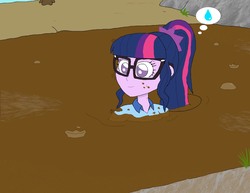 Size: 2200x1700 | Tagged: safe, artist:basher-the-basilisk, sci-twi, twilight sparkle, equestria girls, g4, my little pony equestria girls: legend of everfree, camp everfree, female, glasses, hike, hiking, mountain, mountain range, muck, mud, quicksand, sinking, smiling, solo
