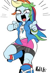 Size: 782x1133 | Tagged: safe, artist:nekubi, rainbow dash, equestria girls, g4, boots, clothes, compression shorts, cute, female, gets, jacket, looking at you, multiple variants, pointing, rainbow socks, shoes, shorts, simple background, skirt, skirt lift, smiling, socks, solo, striped socks, thighs, top