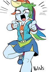 Size: 788x1133 | Tagged: safe, artist:nekubi, rainbow dash, equestria girls, g4, bracelet, clothes, cute, female, jacket, jewelry, legs, looking at you, multiple variants, pointing, school spirit, shirt, shoes, simple background, skirt, smiling, sneakers, solo, wondercolts
