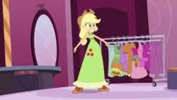 Size: 1024x576 | Tagged: safe, screencap, applejack, equestria girls, g4, beautiful, clothes, dress, female, grin, happy, smiling, solo, this is our big night