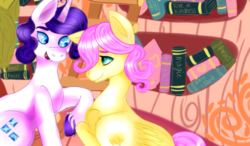 Size: 805x470 | Tagged: artist needed, safe, fluttershy, rarity, g4, audio drama, butterscotch, elusive, hair over one eye, looking at each other, love in kindness, open mouth, raised hoof, rule 63, smiling
