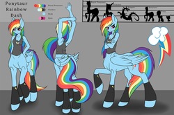 Size: 2000x1327 | Tagged: safe, artist:asklevee, rainbow dash, centaur, original species, pegasus, ponytaur, anthro, taur, g4, anthro centaur, backwards cutie mark, pegataur, reference sheet