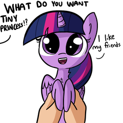 Size: 1080x1080 | Tagged: safe, artist:tjpones, part of a set, twilight sparkle, alicorn, pony, g4, cute, dialogue, female, hand, holding a pony, looking at you, offscreen character, open mouth, part of a series, princess of friendship, simple background, tiny ponies, tjpones is trying to murder us, twiabetes, twilight sparkle (alicorn), what do you want, white background