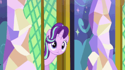 Size: 832x468 | Tagged: safe, edit, screencap, starlight glimmer, pony, g4, the crystalling, animated, arch, carpet, cloud, crossroads, crystal, diamond, door, doorway, female, gif, hallway, heart, looking at you, looking back, pillar, reversed, solo, stars, twilight's castle