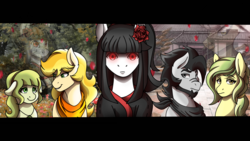 Size: 3840x2160 | Tagged: safe, derpibooru exclusive, oc, oc only, oc:applesunrise, oc:coldbrewcoffee, oc:genmaicha, oc:hanabirabara, oc:ryokucha, ghost, clothes, doll, fanfic, fanfic art, fanfic cover, flower, forest, glowing eyes, high res, japanese, kimono (clothing), petals, red eyes, rose, scar, scarf, toy
