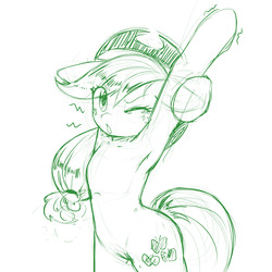 Size: 1280x1280 | Tagged: safe, artist:30clock, applejack, earth pony, pony, semi-anthro, g4, armpits, bipedal, cowboy hat, female, hat, looking at you, monochrome, one eye closed, open mouth, simple background, sketch, solo, stetson, stretching, white background