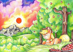 Size: 3469x2454 | Tagged: safe, artist:lunar-white-wolf, applejack, g4, apple, apple tree, basket, cloud, cowboy hat, eyes closed, female, field, freckles, fruit, hat, high res, mountain, scenery, sky, sleeping, smiling, solo, stetson, sunset, traditional art, tree, updated