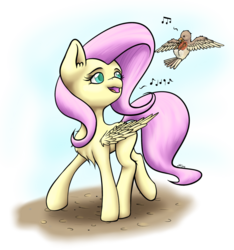 Size: 1024x1092 | Tagged: safe, artist:caerulanox, fluttershy, bird, g4, female, music notes, open mouth, singing, solo
