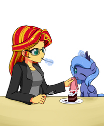 Size: 629x760 | Tagged: safe, artist:twilite-sparkleplz, princess luna, sunset shimmer, equestria girls, cake, clothes, cute, daaaaaaaaaaaw, dessert, diabetes, feeding, filly, food, fork, glasses, lunabetes, magic, napkin, plate, twilite-sparkleplz is trying to murder us, weapons-grade cute, woona, younger