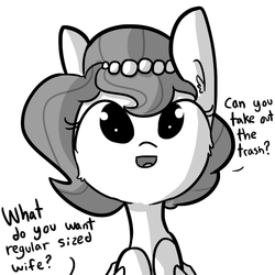Size: 1080x1080 | Tagged: safe, artist:tjpones, oc, oc only, oc:brownie bun, pony, horse wife, dialogue, holding a pony, monochrome, offscreen character, open mouth, simple background, solo, what do you want, white background