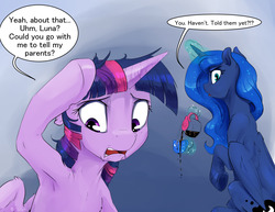 Size: 1280x989 | Tagged: safe, artist:silfoe, princess luna, twilight sparkle, alicorn, pony, royal sketchbook, g4, armpits, coffee, coffee cup, cup, dialogue, dripping coffee, female, glowing horn, horn, implied pregnancy, lesbian, magic, nervous, ship:twiluna, shipping, telekinesis, this will end in a night on the couch, twilight sparkle (alicorn)