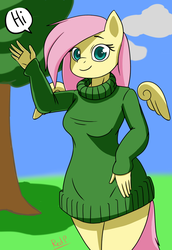 Size: 1024x1489 | Tagged: safe, artist:redprep, fluttershy, anthro, g4, clothes, cloud, female, looking at you, smiling, solo, sweater, sweatershy, tree, waving
