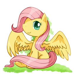 Size: 640x640 | Tagged: safe, artist:sky, fluttershy, g4, colored pupils, cute, female, looking at you, shyabetes, simple background, sitting, smiling, solo, spread wings, underhoof, white background