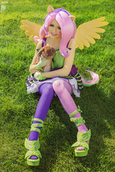 Size: 669x1004 | Tagged: safe, artist:ryoko-demon, fluttershy, human, rabbit, equestria girls, g4, my little pony equestria girls: rainbow rocks, clothes, cosplay, costume, high heels, irl, irl human, pantyhose, photo, ponied up, shoes, sitting, skirt, solo, stockings