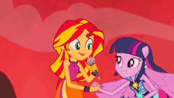 Size: 853x480 | Tagged: safe, screencap, sunset shimmer, twilight sparkle, equestria girls, g4, my little pony equestria girls: rainbow rocks, >:), >:d, animated, female, gif, holding hands, microphone, pointing, ponied up, shipping fuel, singing, sleeveless, smiling, smirk