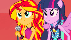 Size: 853x480 | Tagged: safe, screencap, sunset shimmer, twilight sparkle, equestria girls, g4, my little pony equestria girls: rainbow rocks, animated, female, gif, microphone, ponied up, rebecca shoichet, sleeveless, voice actor joke