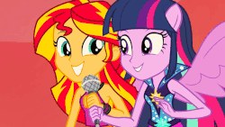 Size: 853x480 | Tagged: safe, screencap, sunset shimmer, twilight sparkle, equestria girls, g4, my little pony equestria girls: rainbow rocks, animated, female, fist, gif, microphone, ponied up, rebecca shoichet, singing, sleeveless, voice actor joke