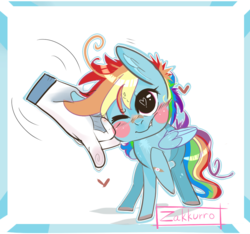 Size: 800x750 | Tagged: safe, artist:zakkurro, rainbow dash, human, pony, g4, blushing, chibi, cute, dashabetes, gritted teeth, hand, heart, heart eyes, one eye closed, petting, raised hoof, tsunderainbow, tsundere, wingding eyes, wink