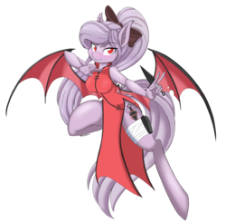 Size: 3869x3789 | Tagged: safe, artist:demonfox, oc, oc only, oc:violet thorn, bat pony, anthro, unguligrade anthro, anthro oc, bandage, bow, breasts, cheongsam, clothes, commission, dress, female, hair bow, high res, jumping, kunai, kunoichi, lidded eyes, looking at you, ninja, side slit, simple background, slit pupils, solo, spread wings, transparent background, weapon
