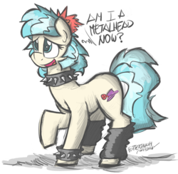 Size: 1200x1169 | Tagged: safe, artist:flutterthrash, coco pommel, earth pony, pony, g4, choker, collar, dialogue, female, heavy metal, leg warmers, mare, open mouth, simple background, solo, spiked choker, spiked collar, spiked wristband, wristband