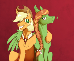 Size: 2022x1672 | Tagged: safe, artist:vindhov, applejack, oc, oc:snap apple, pegasus, pony, g4, bags under eyes, braid, collar, duo, ear fluff, female, freckles, mare, mother and daughter, offspring, older, parent:applejack, parent:soarin', parents:soarinjack, red background, simple background