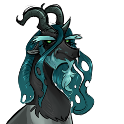 Size: 3000x3000 | Tagged: safe, artist:vindhov, oc, oc only, oc:parasite, hybrid, pony, annoyed, bust, facial hair, female, goatee, high res, interspecies offspring, offspring, parent:discord, parent:queen chrysalis, parents:discolis, portrait, simple background, solo, transparent background