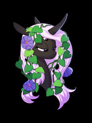 Size: 688x915 | Tagged: safe, artist:carnifex, oc, oc only, oc:vatia, changeling, changeling queen, black background, bust, changeling oc, changeling queen oc, female, flower, flower in hair, four eyes, multiple eyes, portrait, purple changeling, simple background, smiling, solo, white changeling