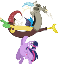 Size: 5000x5436 | Tagged: dead source, safe, artist:missbeigepony, discord, twilight sparkle, alicorn, pony, g4, three's a crowd, absurd resolution, eyes closed, holding, implied discolight, implied straight, lifting, shipping fuel, simple background, transparent background, twilight sparkle (alicorn), vector