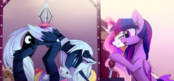 Size: 3300x1544 | Tagged: safe, artist:magnaluna, princess celestia, princess luna, tiberius, twilight sparkle, alicorn, pony, wolf, g4, blushing, claw machine, colored wings, colored wingtips, crane game, cute, duo, eyes closed, eyes on the prize, female, frown, grin, happy, lidded eyes, magic, mare, open mouth, plushie, smiling, telekinesis, twilight sparkle (alicorn), unamused