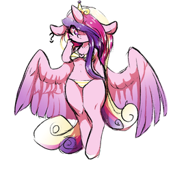 Size: 1024x1024 | Tagged: safe, artist:blastosunnydee, derpibooru exclusive, princess cadance, anthro, unguligrade anthro, g4, belly button, bikini, clothes, colored wings, cute, cutedance, female, floppy ears, gradient mane, gradient wings, hair over one eye, heart eyes, midriff, request, requested art, simple background, solo, swimsuit, white background, wingding eyes