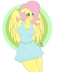 Size: 1200x1500 | Tagged: safe, artist:souladdicted, fluttershy, anthro, g4, blushing, breasts, busty fluttershy, clothes, cute, dress, female, shyabetes, solo, summer dress