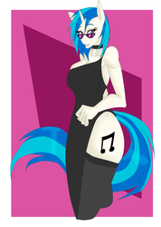 Size: 1825x2569 | Tagged: safe, artist:silentpassion, dj pon-3, vinyl scratch, anthro, g4, big breasts, breasts, clothes, female, small head, socks, solo, thigh highs