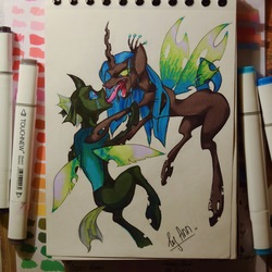 Size: 3760x3766 | Tagged: safe, artist:byannss, queen chrysalis, thorax, changeling, g4, to where and back again, changeling feeding, crying, high res, photo, traditional art