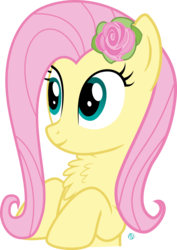 Size: 1800x2536 | Tagged: safe, artist:arifproject, derpibooru exclusive, fluttershy, pony, g4, arif's wide eyes pone, bust, chest fluff, cute, female, flower, flower in hair, leaning, rose, shyabetes, simple background, smiling, solo, transparent background, vector, wide eyes