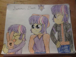 Size: 2048x1536 | Tagged: safe, artist:britishgirl2012, oc, oc only, oc:summer dawn, age progression, magical lesbian spawn, next generation, offspring, one eye closed, parent:sci-twi, parent:sunset shimmer, parent:twilight sparkle, parents:scitwishimmer, parents:sunsetsparkle, plushie, traditional art, wink