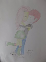 Size: 768x1024 | Tagged: safe, artist:raventheghost, fluttershy, oc, oc:coppermane, equestria girls, g4, canon x oc, clothes, eyes closed, female, hoodie, kissing, male, shipping, skirt, straight, sweatshirt, tank top, traditional art