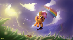 Size: 3612x2014 | Tagged: safe, artist:freeedon, scootaloo, bird, dove, pegasus, pony, g4, cloud, cute, cutealoo, female, filly, flapping, flapping wings, foal, grass, high res, midair, open mouth, rainbow, ramp, scooter, signature, sky, smiling, solo, spread wings, sun, wings